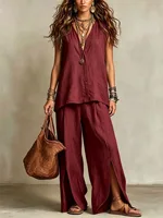 Summer Lazy Style Suit Women's Solid Color Sleeveless V-neck Top Split Draped Wide Leg Pants Two-piece Set for Seaside Holiday - Image 5
