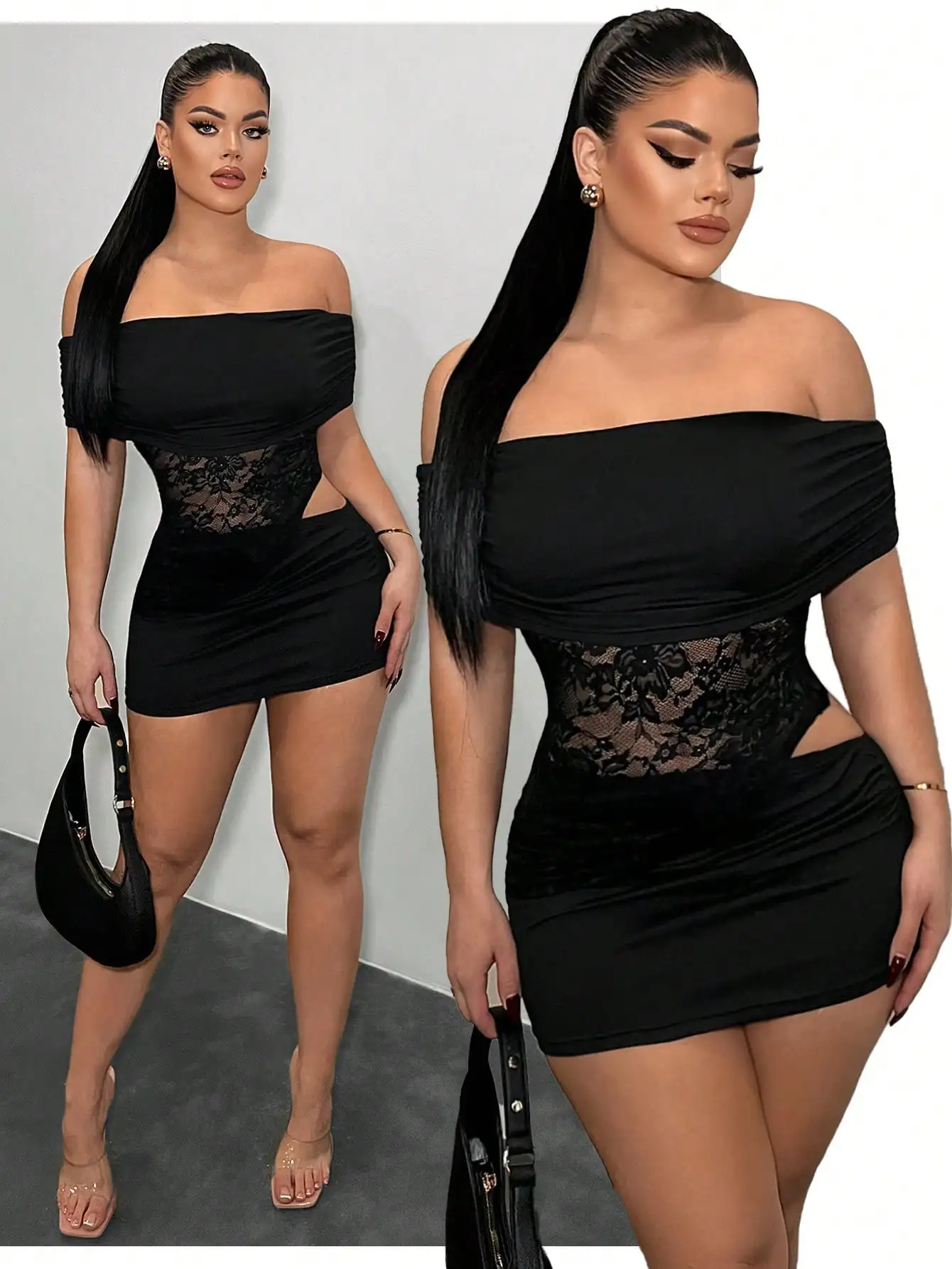 

Черное облегающее мини-платье с кружевными вставками и открытыми плечами для женщин