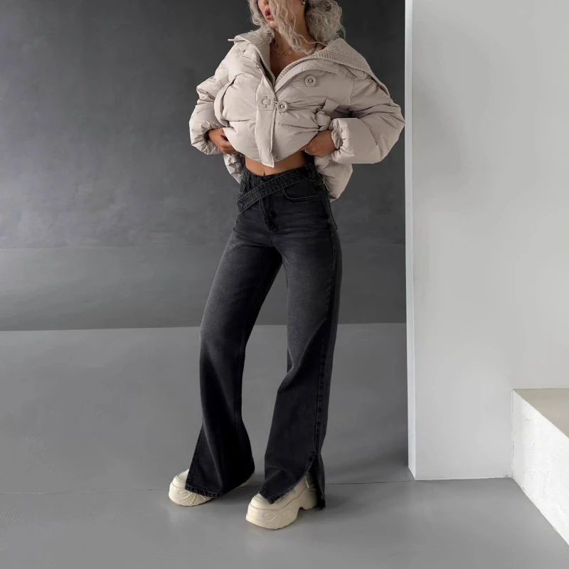 

Retro Hem Split Jeans Irregular Waist Slim Fit and Thin Outer Trousers