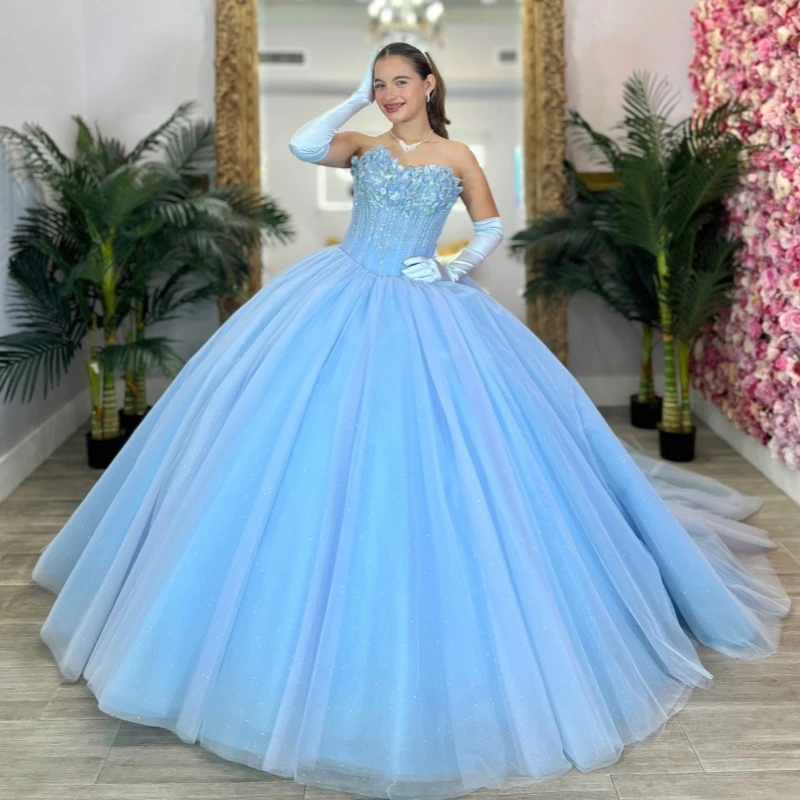 

Sky Blue Shiny Quinceanera Dresses Off The Shoulder Applique Lace Beading Tull Corset Party Birthday Sweet 16 Dres Vestidos 15