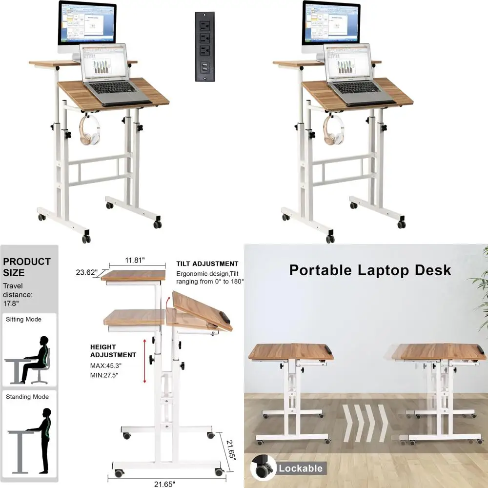 

Adjustable Standing Desk with Charging Port, Laptop Cart on Wheels for Home and Office, Vintage Oak Style