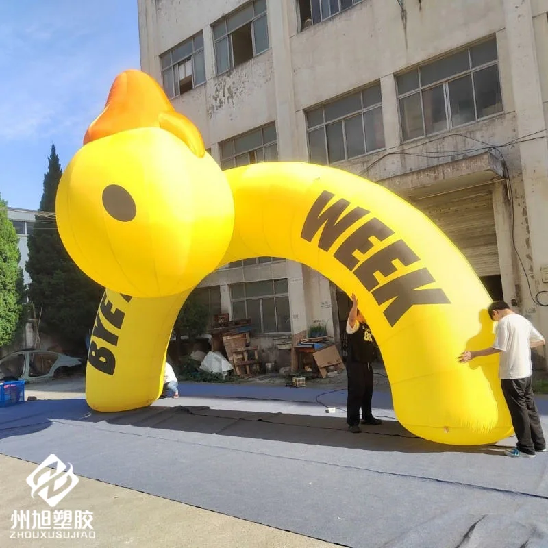 Inflatable yellow duck arch with blower, used for advertising and promotional activities, outdoor event decorative props