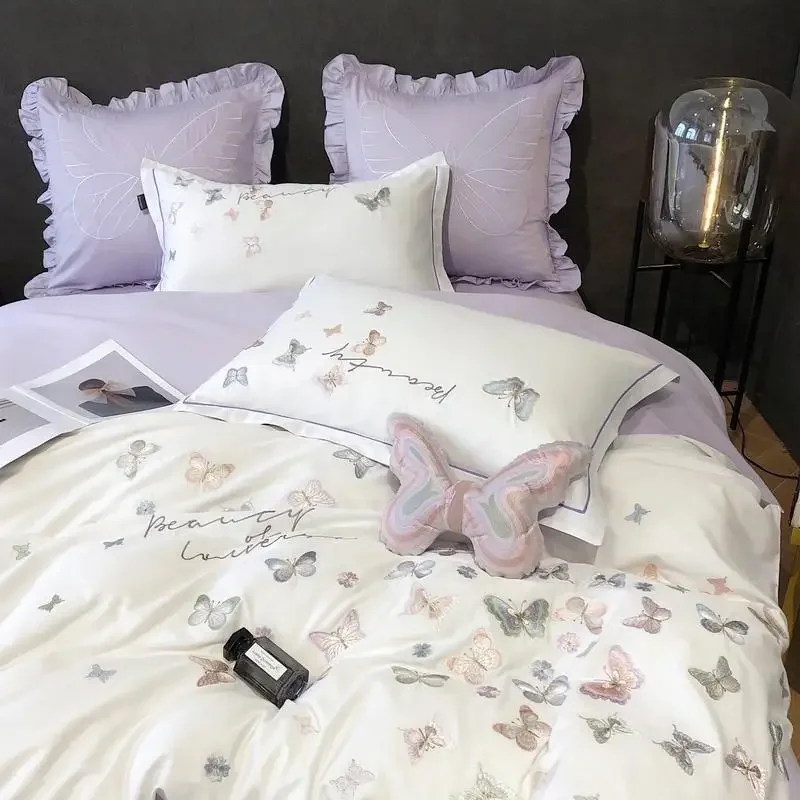 Light luxury embroidered Butterfly King Queen Size Bedding Set 4 pcs Duvet/ Comforter Cover Bed Sheet fittedsheet Set pillowcas