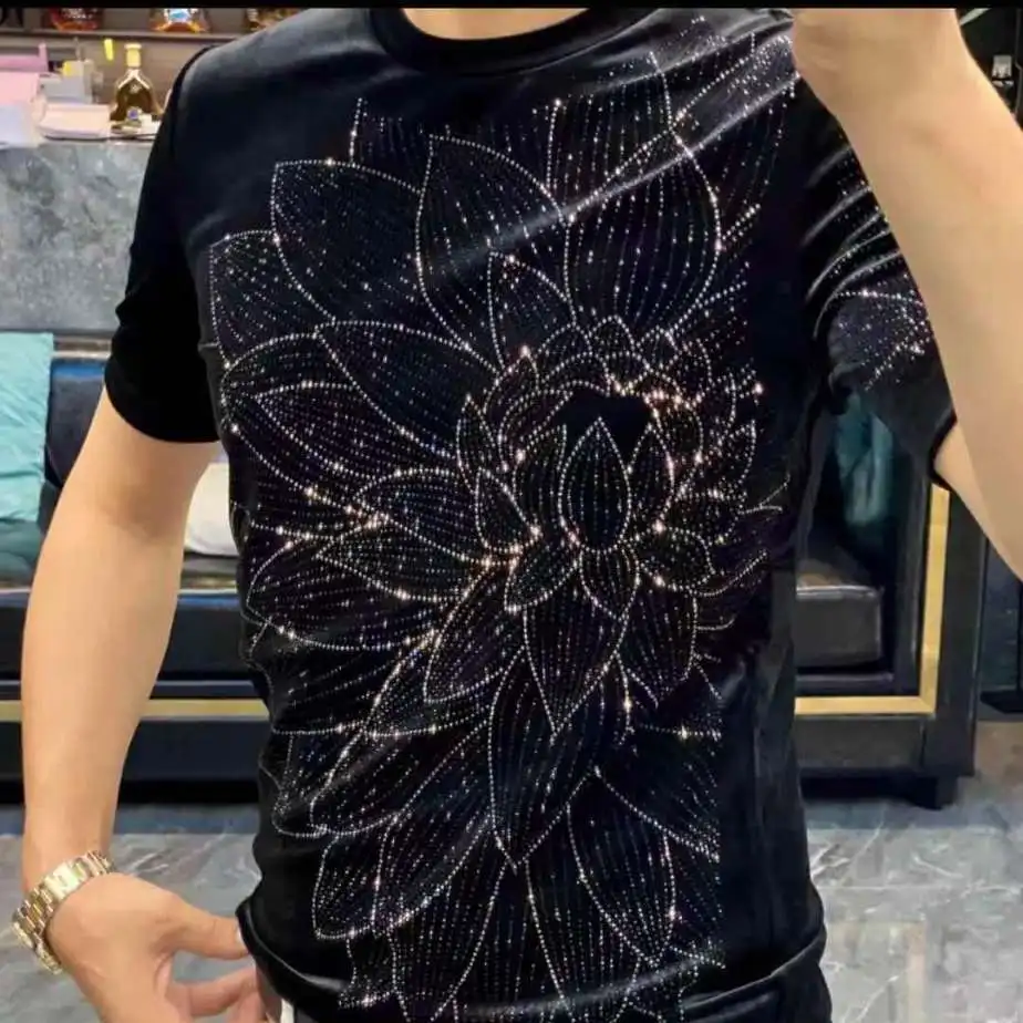 Rhinestone Pattern Social T Shirt For Men Short Sleeve Easy Care Summer Quality Soft Comfortable Silky Black Camisetas De Hombre