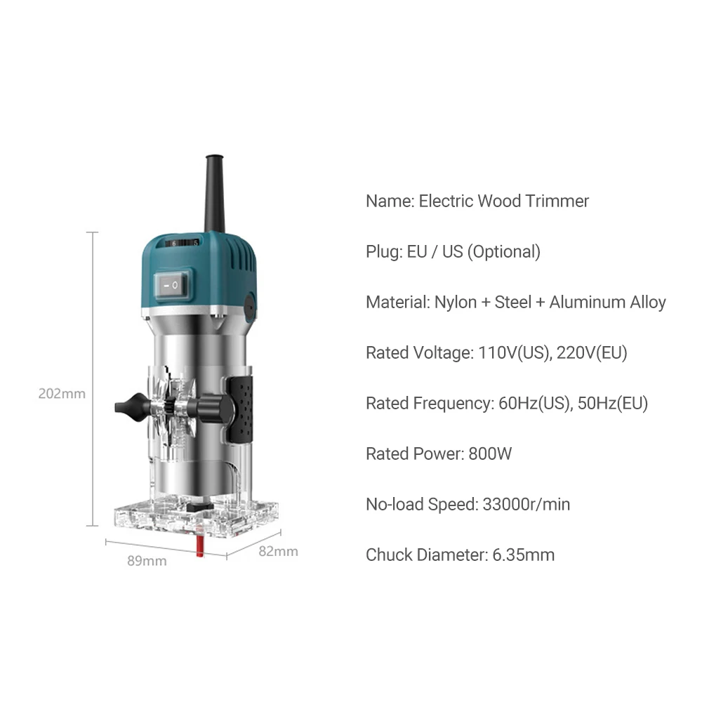 Compact Wood Router Tool 800W 220V Handheld Palm Router 33000RPM 6Variable Speeds Electric Trimmer Wood Router Hand Trimmer Tool