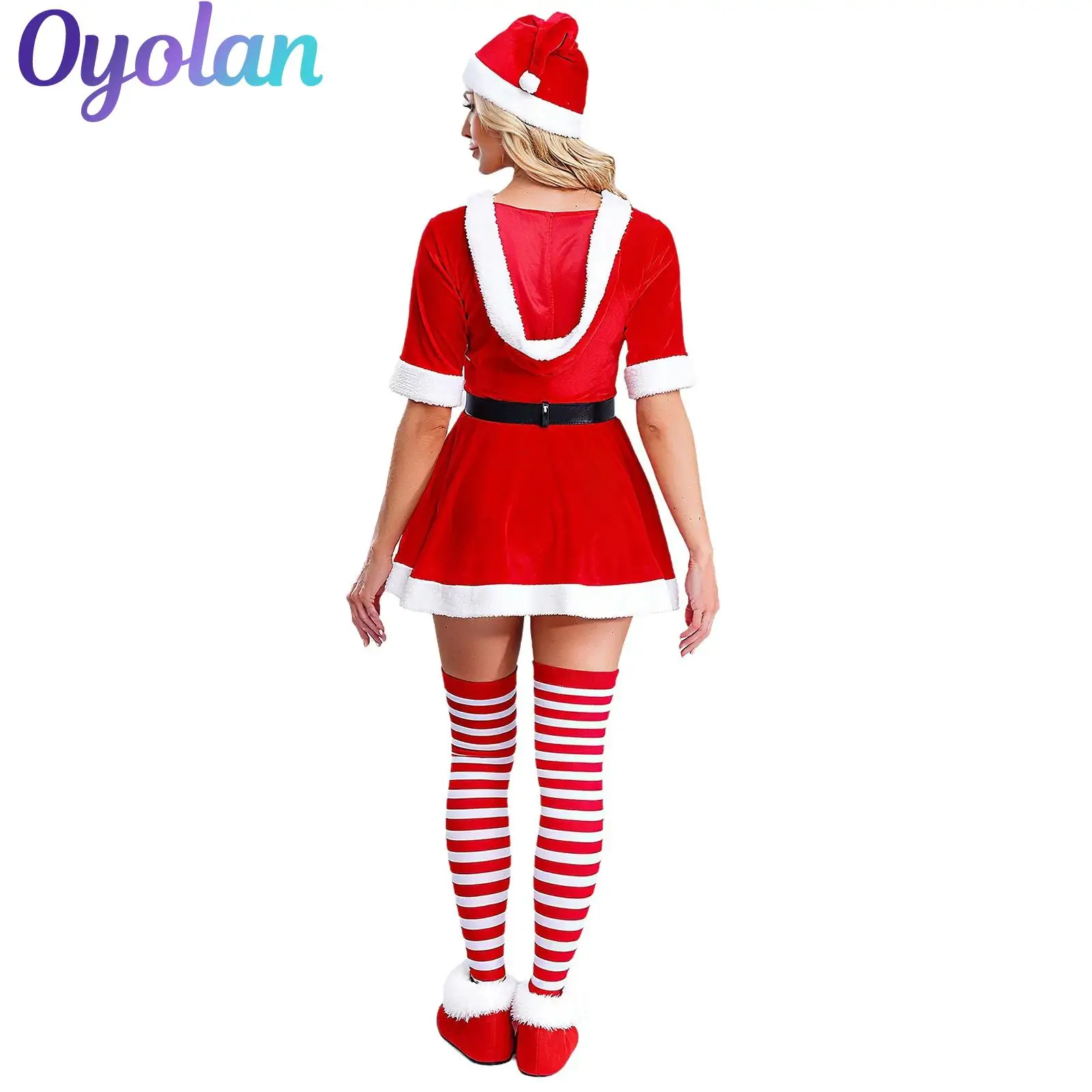 

Women Christmas Xmas New Year Hooded Dress Mrs Santa Claus Dress Waist Belt Striped Stockings Carnival Christmas Cosplay Costume