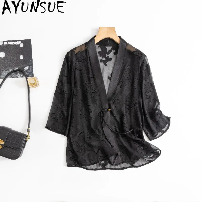 AYUNSUE Natural Silk Woman Tops Chinese Style Half Sleeve Black Top Stylish Sun Protection Jacket Woman Clothes Summer 