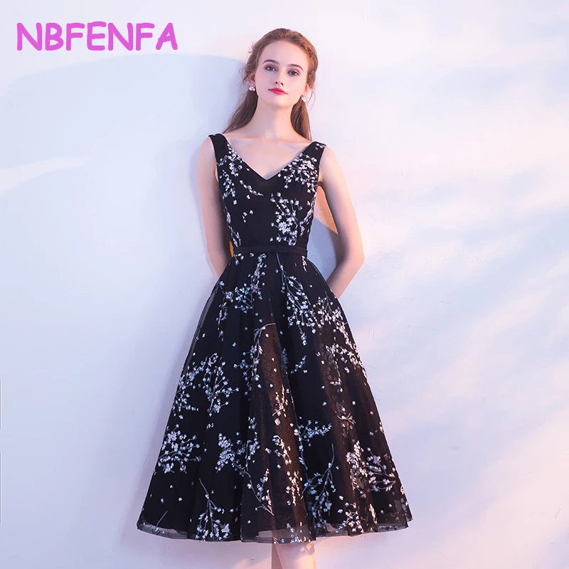 Nbfenfa vestidos de noite femininos 2024 novo sexy com decote em v preto meados de comprimento vestido de festa fino ajuste vestidos de baile noche