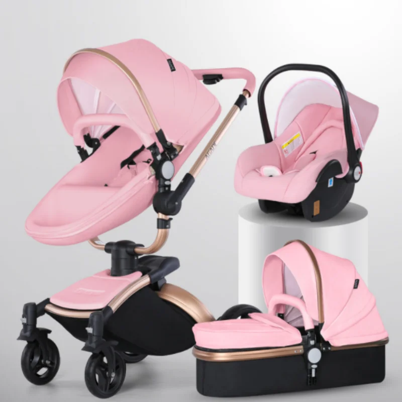 Luxury Baby Stroller,AGAPE Leather High View 3 in 1 Stroller For 0-3 Years,360 Ratetion Design High Quality 4 Wheels Baby Pram