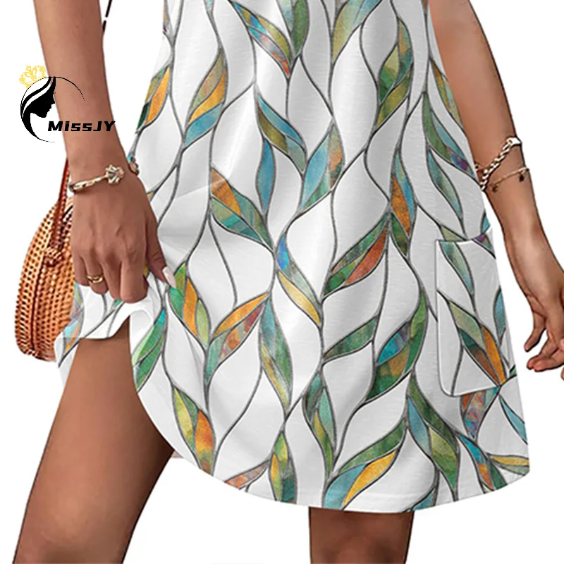 Letnia Nowa Sukienka Bez Rękawów z Kwiatowym Nadrukiem, Okrągłym Dekoltem, Kieszeniami, Długości Midi, Modna Odzież Damska