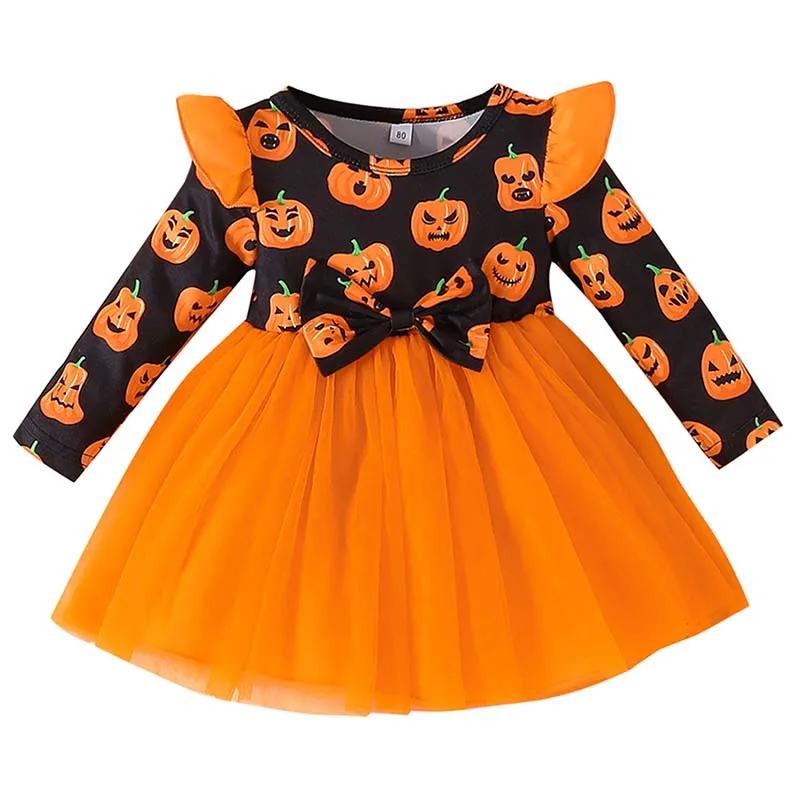 

Baby Pumpkin Costume 1 Year Halloween Outfits Girl Fancy Pumpkin Dress 2Y Kids One Piece Tulle Dress Horror Clothes for Children