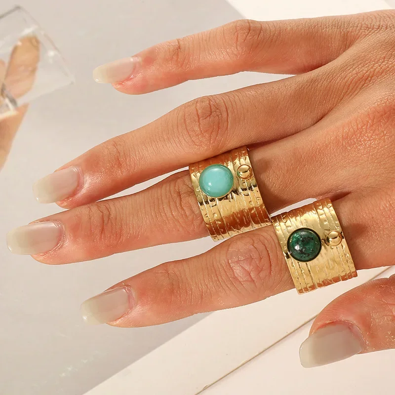 Fashion Jewelry Vintage Temperament Design Colorful Stone Metal Open Wide Rings For Women Party Gifts Hip Hop Accessories