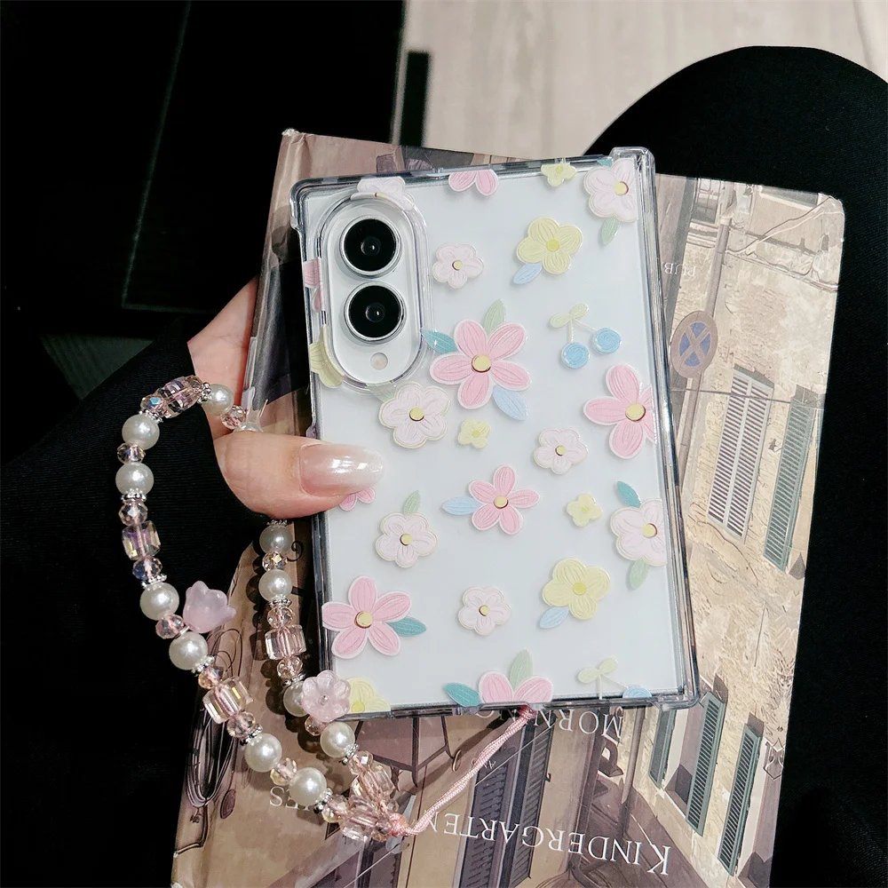 Korean Fashion Cartoon Pink flowers Phone case for Samsung Galaxy Z Fold 8 Cover With Chain Cute Z Fold 8 Shockproof Cover