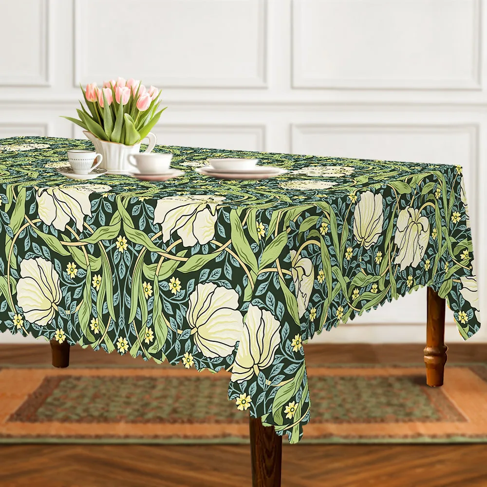 William Morris romantic floral, wood-grain tablecloth, with green and yellow decorations.