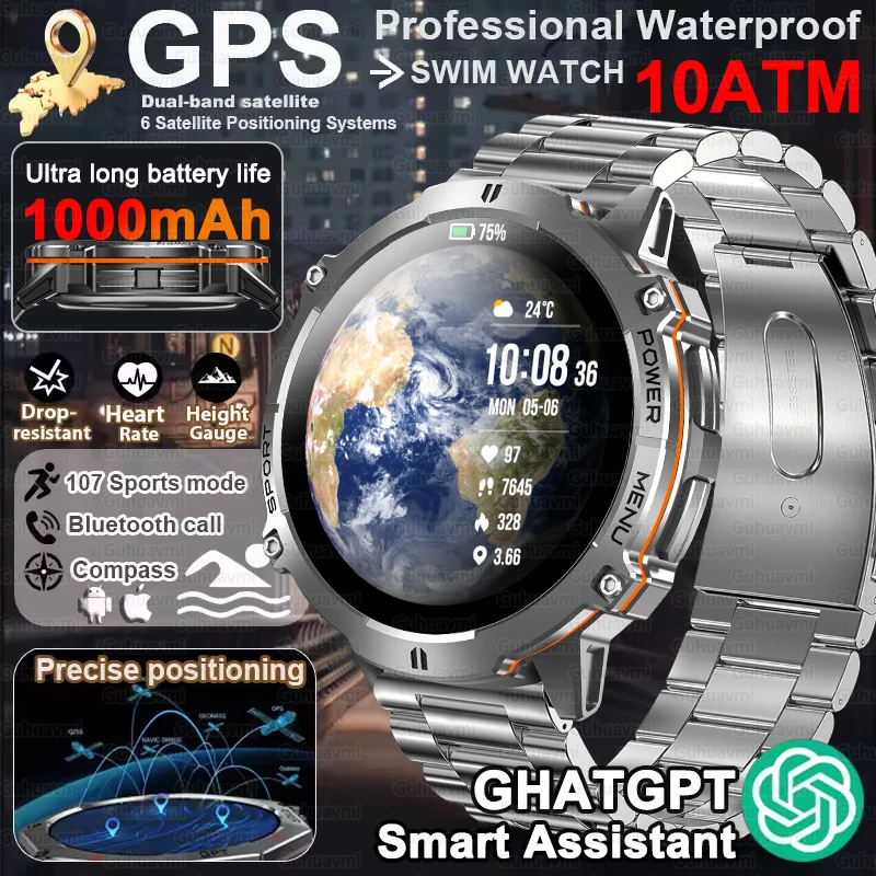 

2025 New Durable GPS Man Smartwatch 1000mAh Large Battery Compass Bluetooth Call 10ATM Waterproof TANK X3 Sports Watches For Men