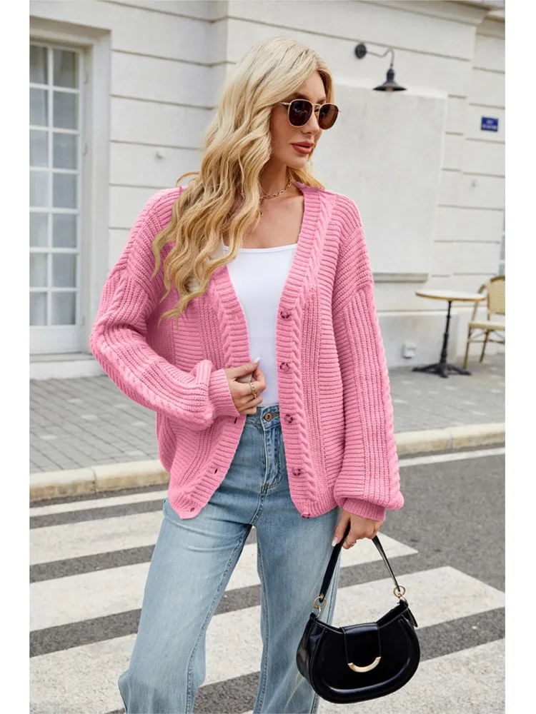 

Women's Fashion New Cable Knitted Cardigan Sweater 2025 Autumn Winter Fashion V Neck Button Closure Long Sleeve Loose Sweater