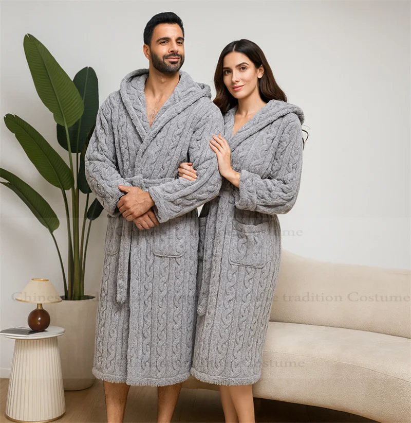 

2025 New Winter Sleepwear Women Warm Coral Fleece Bathrobe Gown Loose Hooded Homewear Men Couple Kimono Gown Casual Robe