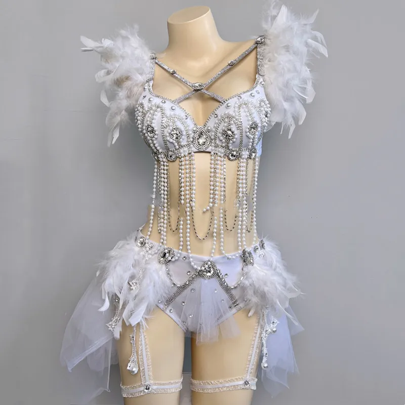 

Sparkly Rhinestones Feather Bikini Sexy Stage Wear DJ Dancer Singer Nightclub Music Festival Clothing Party Performance Costume