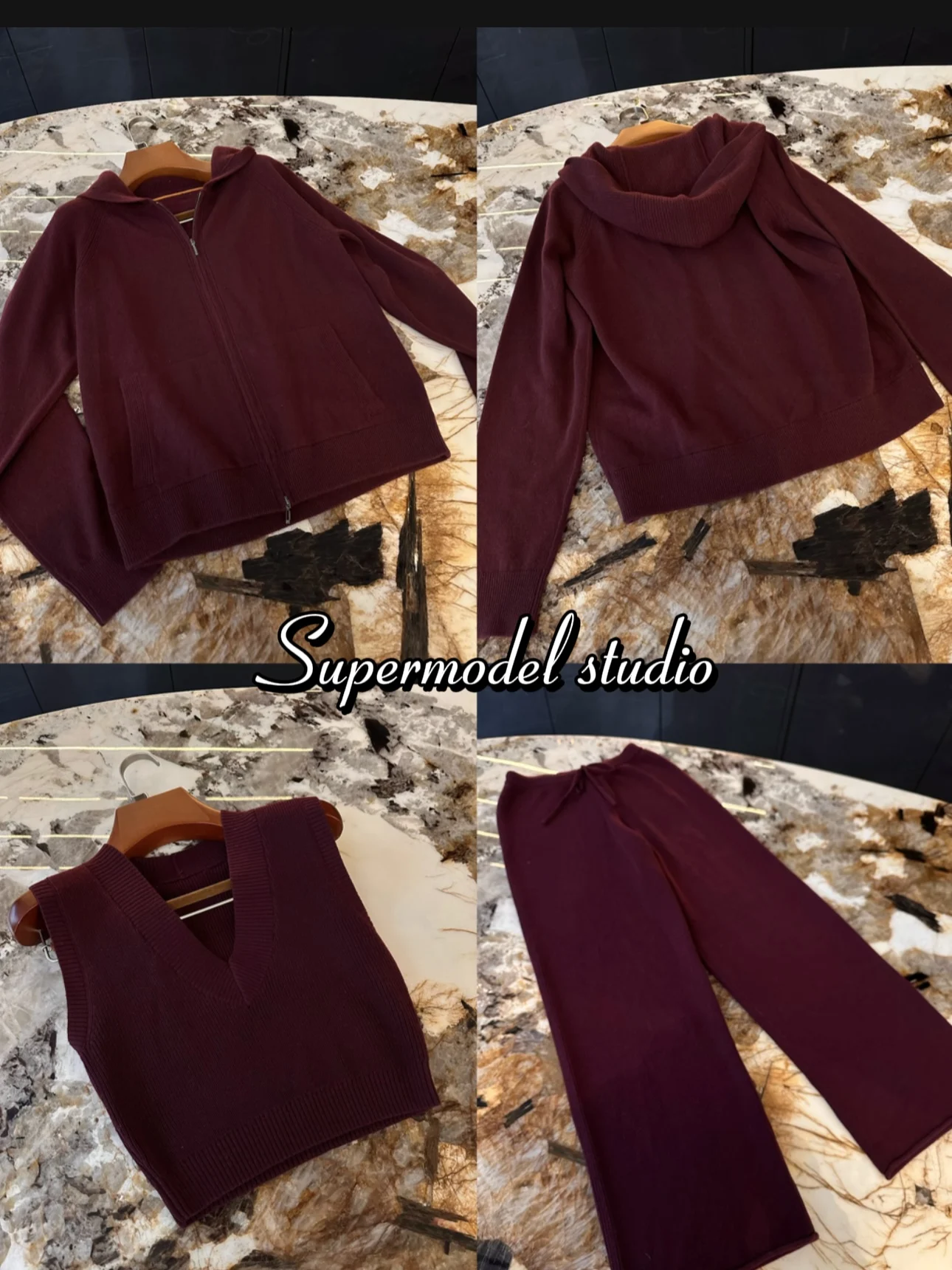 

Комплект из бордового шерстяного вязаного кардигана и брюк с индивидуальной окраской, спортивная одежда с длинными рукавами, цвет «Счастливый красный», для...