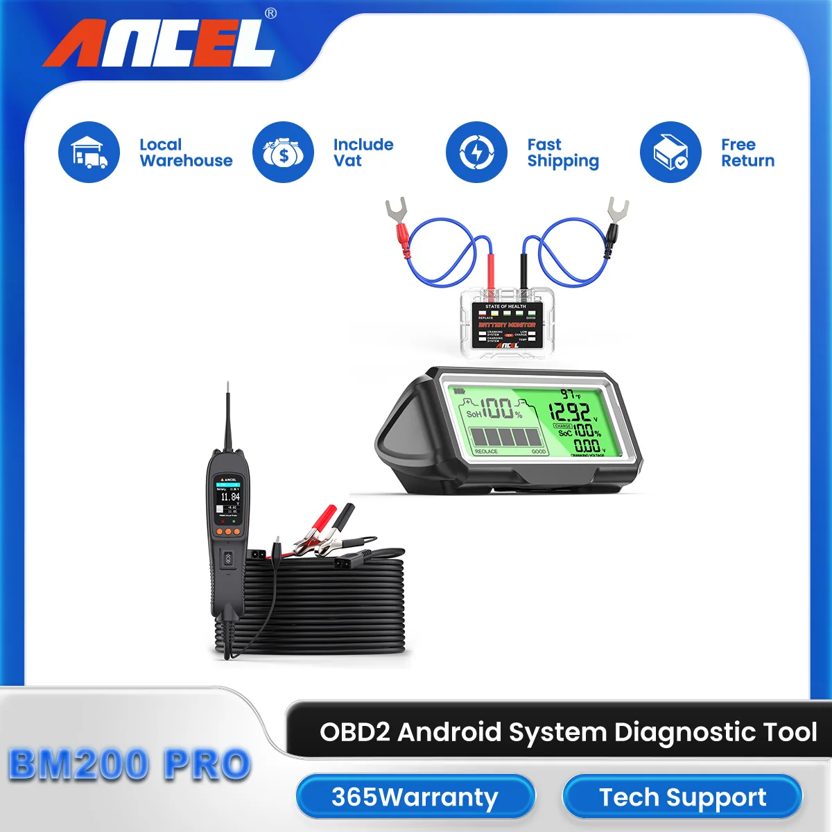 ANCEL BM200 PRO 12V LED Battery Tester Monitor Head-Up Display Charging Voltage Cranking Test Battery Capacity Car Analyzer Tool