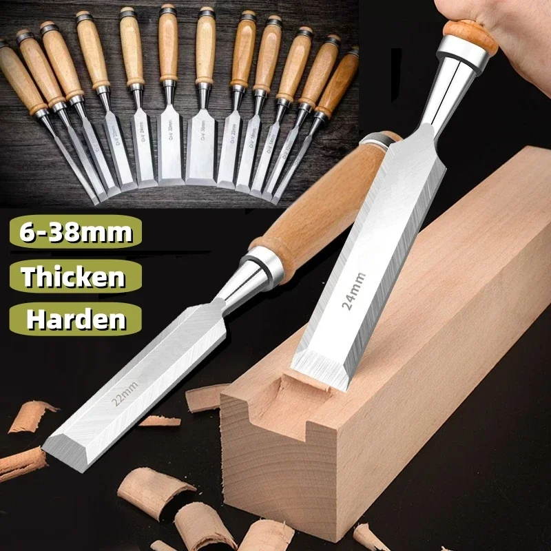 Cincel plano de carpintería de alta resistencia de 6-38 mm con mango de madera, cuchillo para tallar madera, cinceles para cortar madera, herramientas manuales