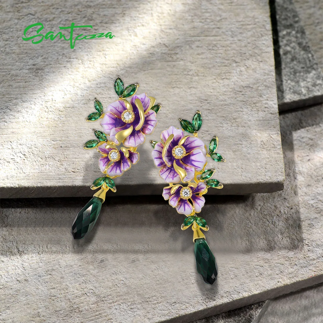 SANTUZZA Pure 925 Sterling Silver Drop Earrings For Women Green Stones White CZ Enamel Flower Delicate Fine Jewelry Handmade