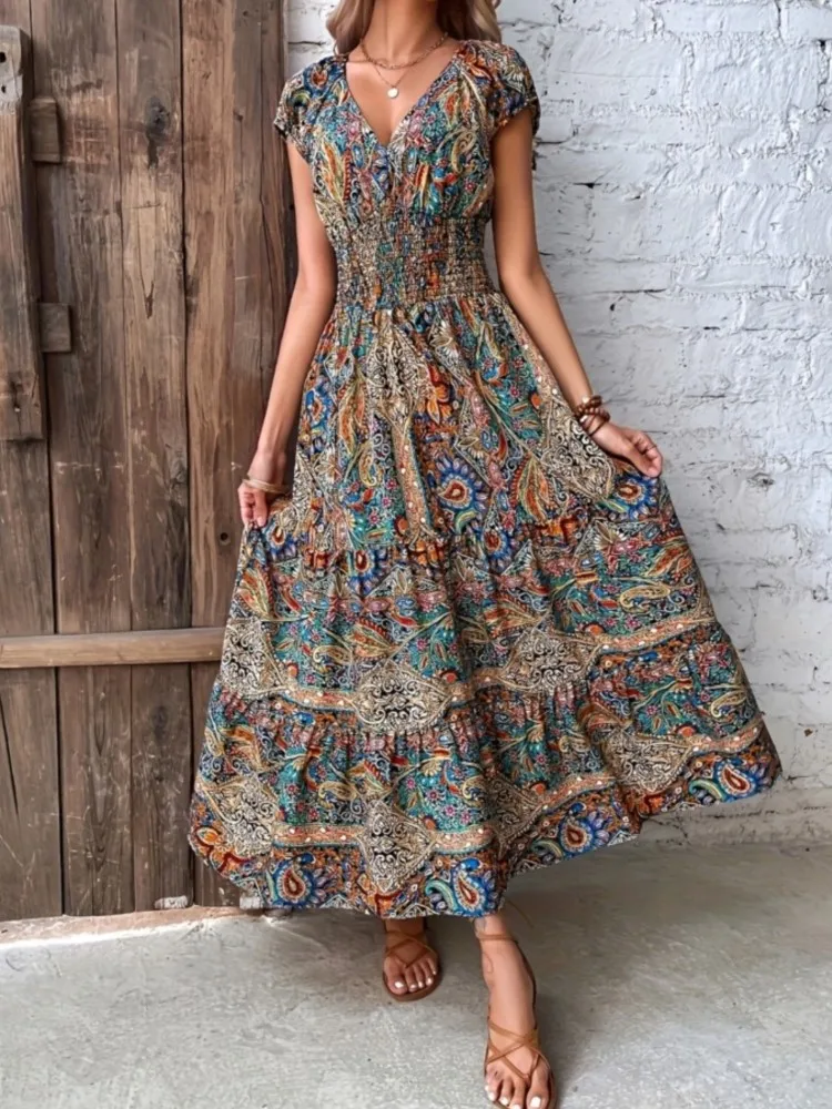 Women's Summer New Boho Dress Fashion Elegant V Neck Short Sleeve Beach Party Office Holiday Casual Dresses For Women Robe Femme