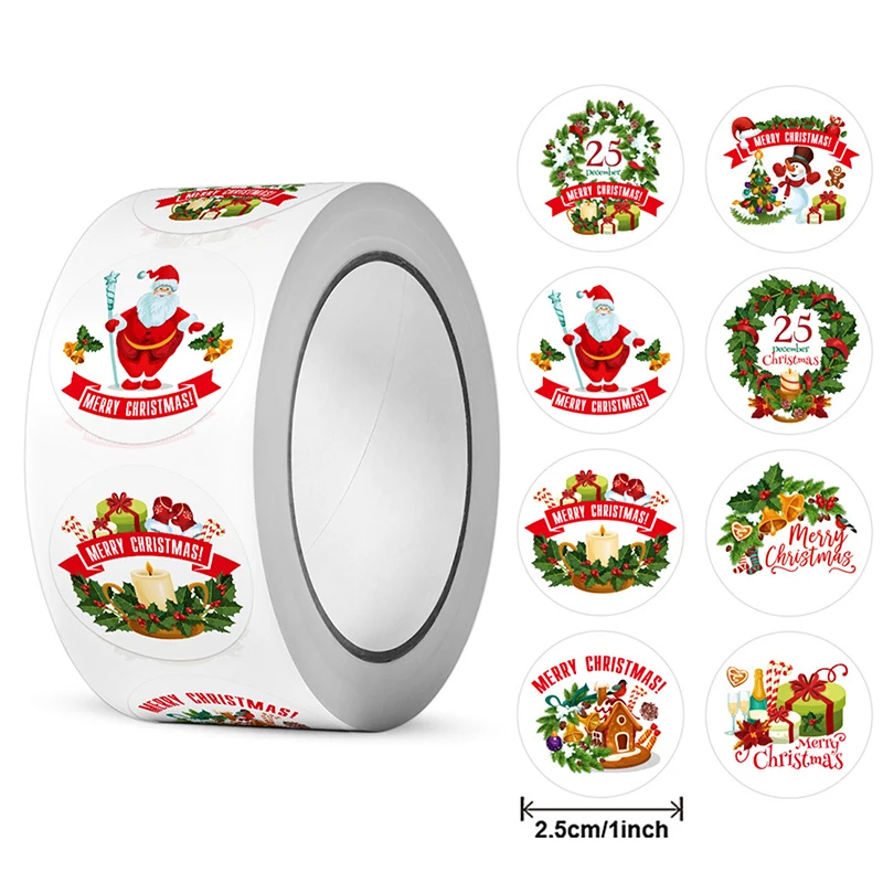 500Pcs/Roll Round Christmas Themed Stickers 8 Designs DlY Graffiti Holiday Party Gift New Year Decoration Labels