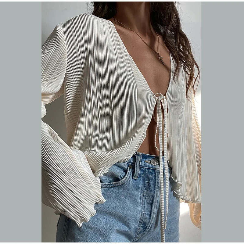 Women Elegant Tie Up Cardigan V Neck Long Flare Sleeve Pleated Shirt Summer Ladies Temperament Crop Tops Blouse Y2k Streetwear