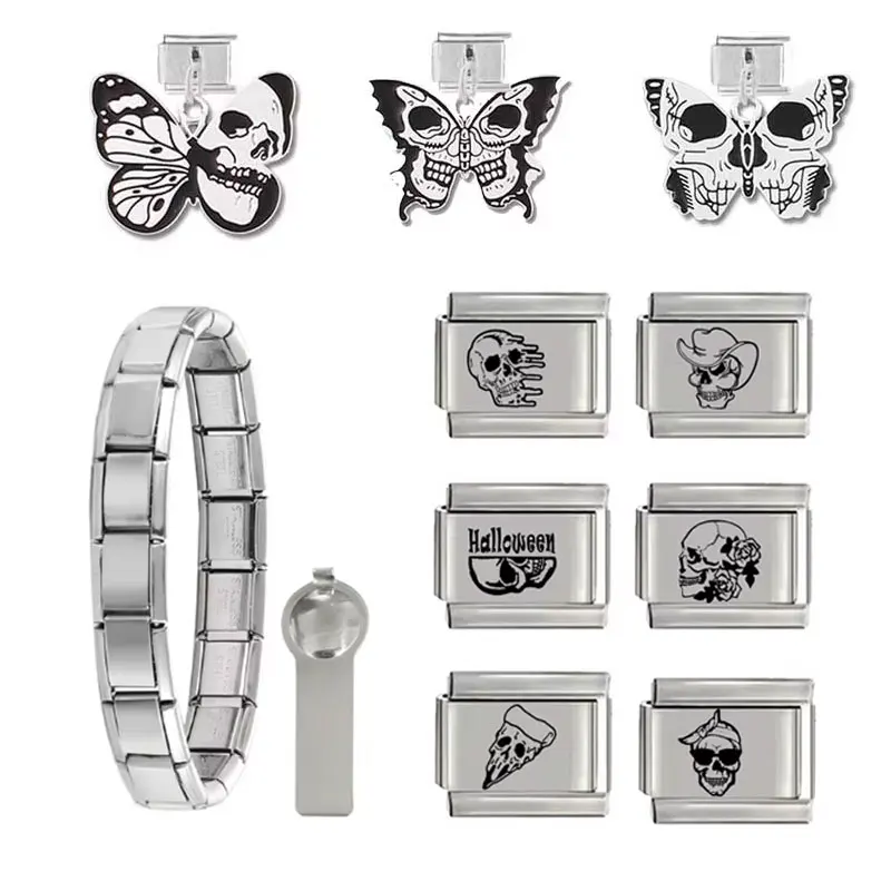 

Italian Charm Stainless Steel Bracelet A Set 9mm Splicing Module Halloween Pendant DIY Jewelry Dark Skull Butterfly for Men