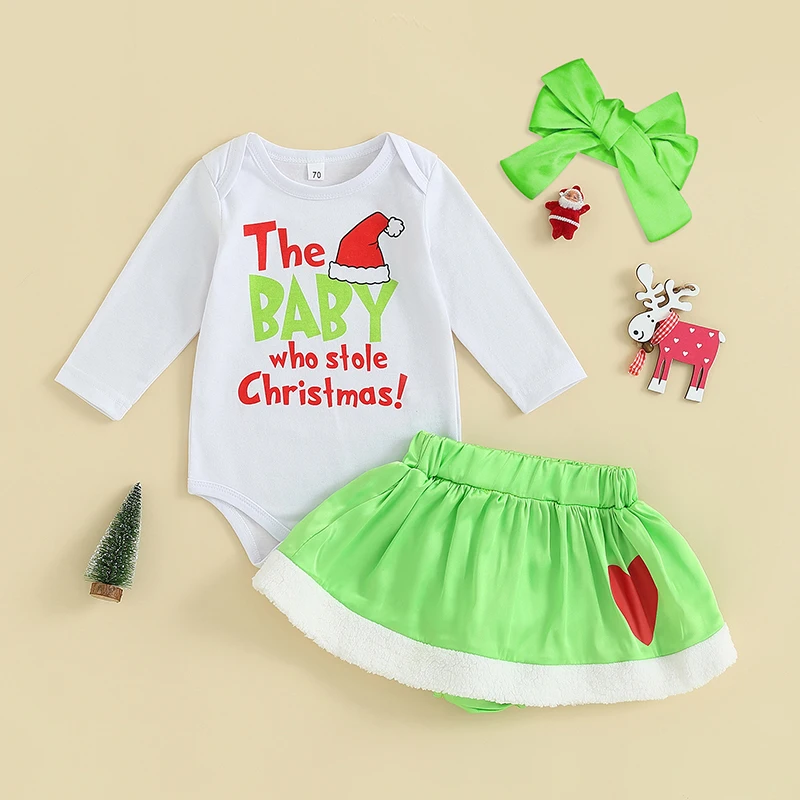 

Toddler Girls Winter Holiday Set with Festive Letter Print Romper and Elastic Skirt - 2 Piece Christmas Outfit