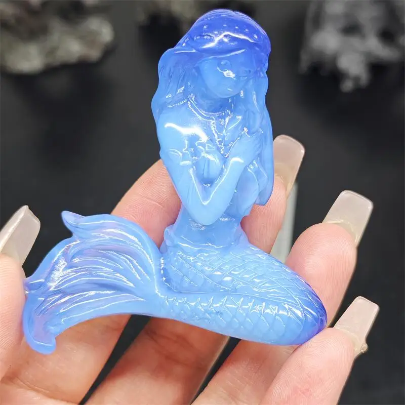 Natural Blue Opalite Mermaid Carving Reiki Healing Gemstone Figurine Crafts Home Decor Ornament Gift 1PCS