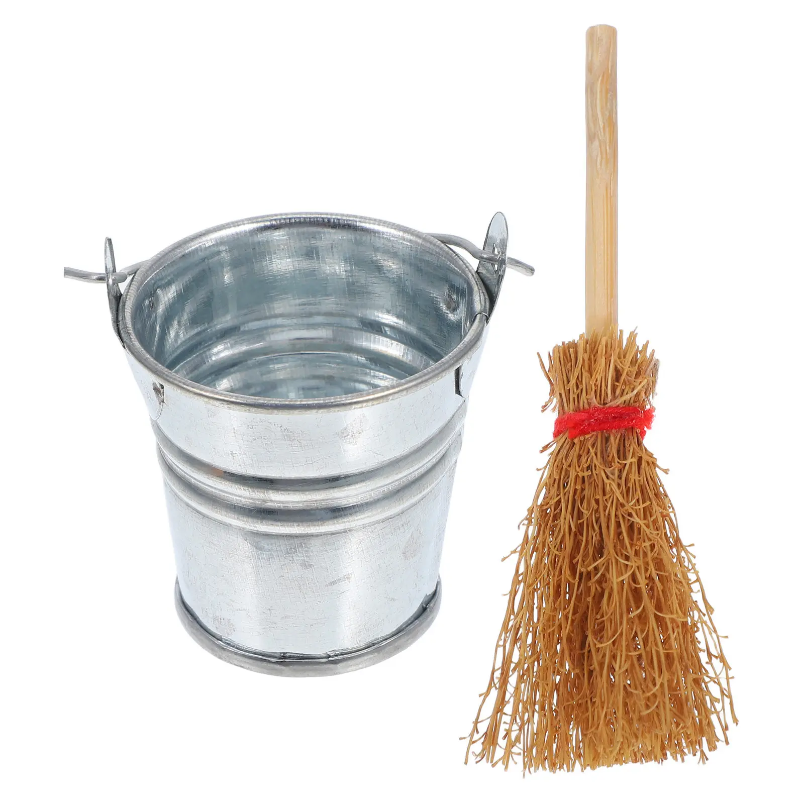 

1Set Miniature Broom and Iron Bucket Dollhouse Cleaning Tools Mini Hand Broom Dustpan Set Small Bucket DIY Home Decor