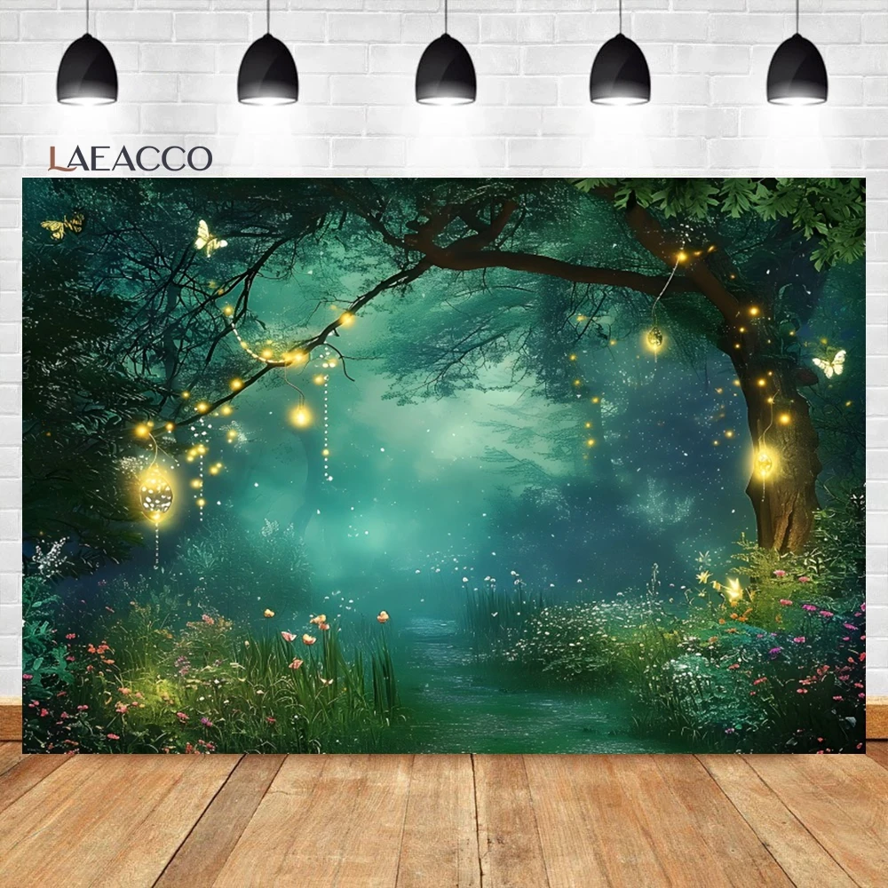 Laeacco Fairytale Jungle Forest Backdrop Nature Green Grassland Dreamland Butterfly Baby Shower Portrait Photography Background