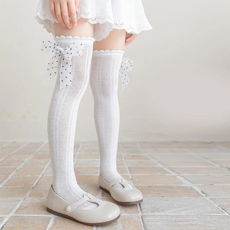 M76C جوارب ناعمة وقابلة للتنفس للفتيات فوق الركبة طول الجوارب القطنية الدانتيل الكشكشة Bowknot جوارب أنبوبية لأسلوب حلو