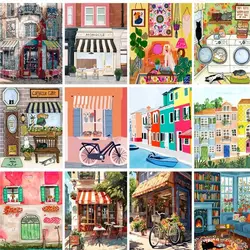 GATYZTORY Acrylic Painting By Numbers For Handiwork Cartoon Cat Roomside Scenery Pictures On Number Home Decoration On Canvas