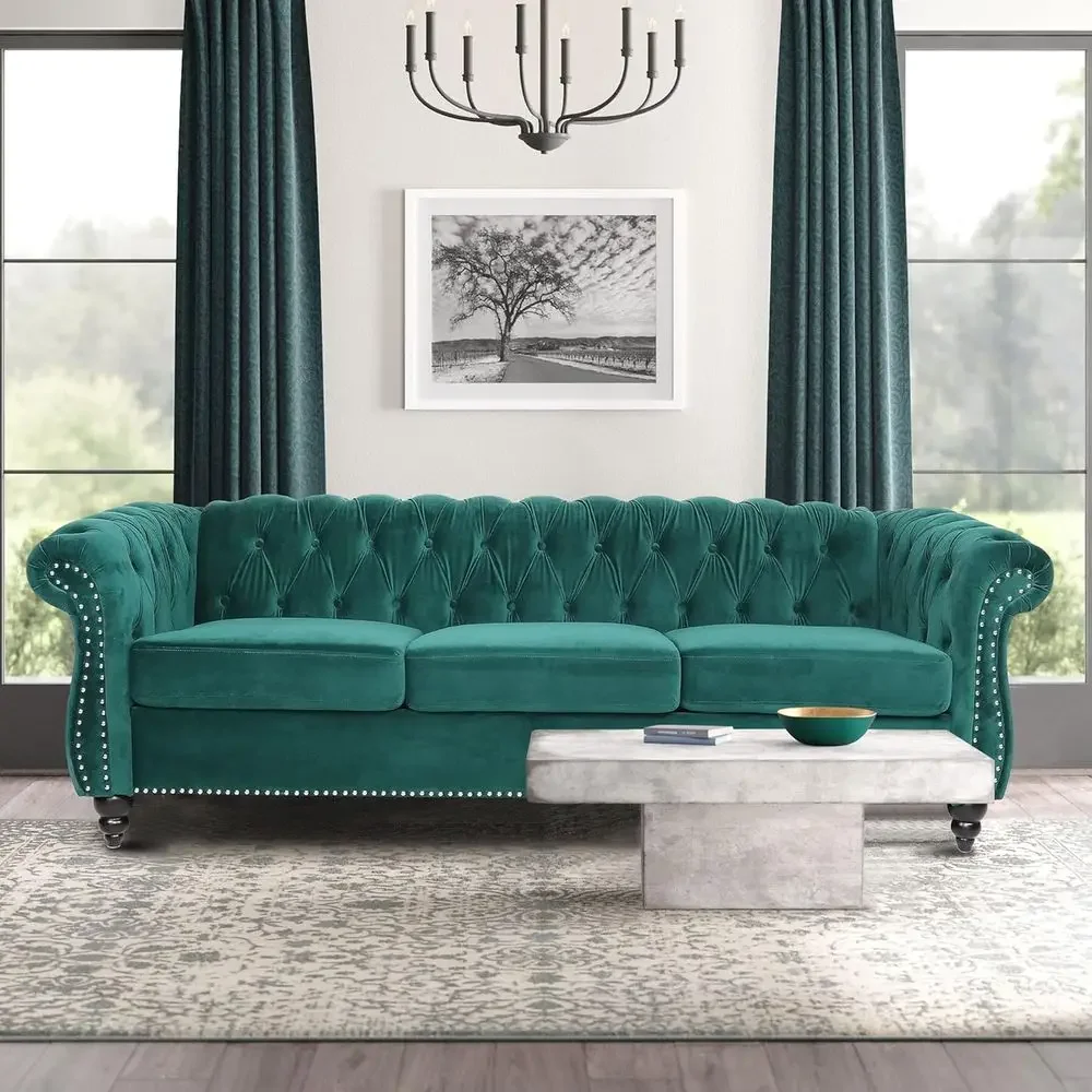 

84 Emerald Green Tufted 3-Seater Scroll Arm Sofa with Wooden Legs for Living Room or Bedroom