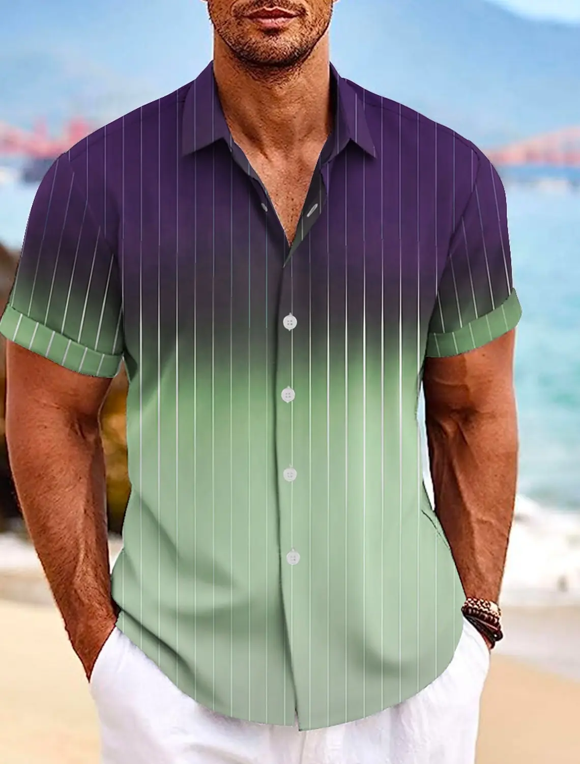 

Men's Gradient Striped Printed short-sleeved Shirt 3D Casual Fashion Lapel Top Simple And Handsome Hawaiian Large Size Men's