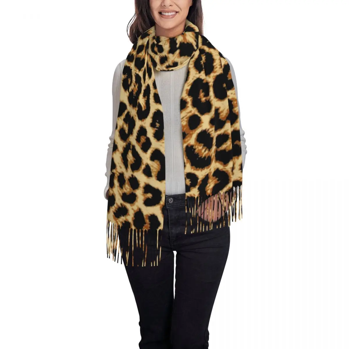 Bufanda con textura de piel de leopardo personalizada para mujer, chal largo de invierno cálido con borla, bufandas de animales salvajes tropicales Unisex