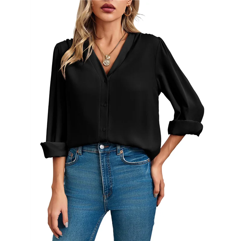 

ABP-женские повседневные деловые топы, летние рубашки на пуговицах с длинными рукавами, шифоновые блузки с v-образным вырезом