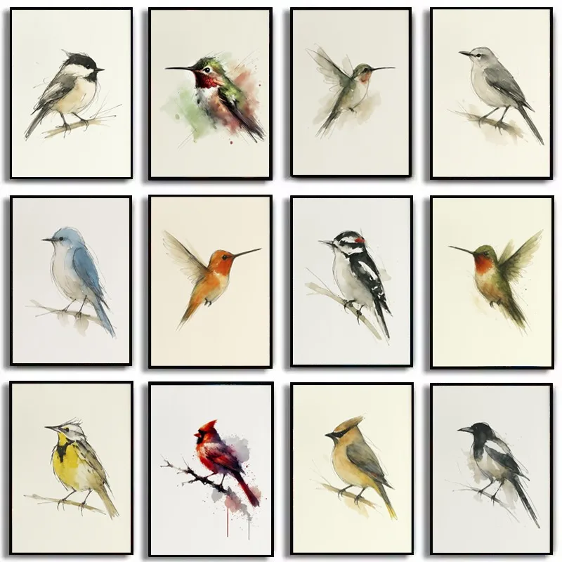 Watercolor Classic Songbird Rufous Ruby-throated Hummingbird Chickadee Poster Canvas Painting Wall Art Pictures Home Decor