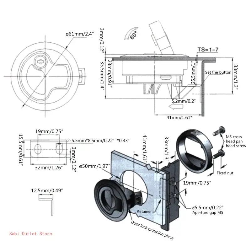 Chiusura a scorrimento con chiusura a scatto per accesso con maniglia chiusura Cassetto per portello per 2 pollici