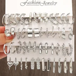 6pcs/set Silver Color Geometric Pearl Twist Hoop Earrings For Women Vintage Metal Heart Circle Earrings Wedding Fashion Jewelry