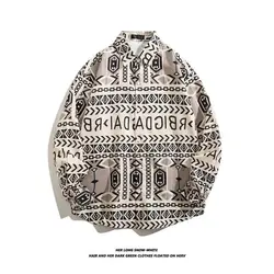 Spring Retro Ethnic Style Men's 2024 New Patchwork Turn Down Collar Button Printed Comfortable and All-match Long Sleeved Shirts