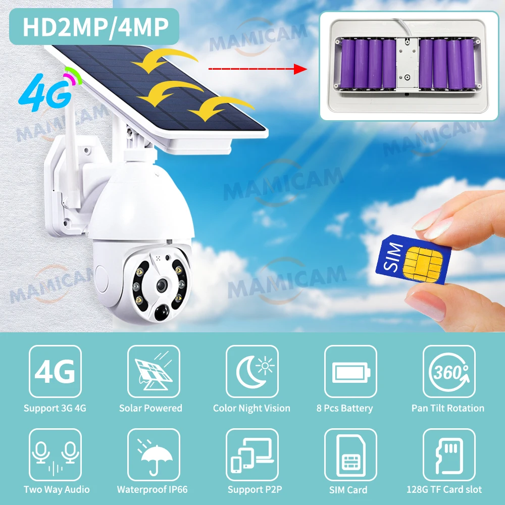 Imagem -02 - Cartão Sim Câmera Solar 4mp 2k ip Wifi Câmeras de Vigilância ao ar Livre Proteção de Segurança de Baixa Potência Pir Movimento Peças 18650 Bateria 4g