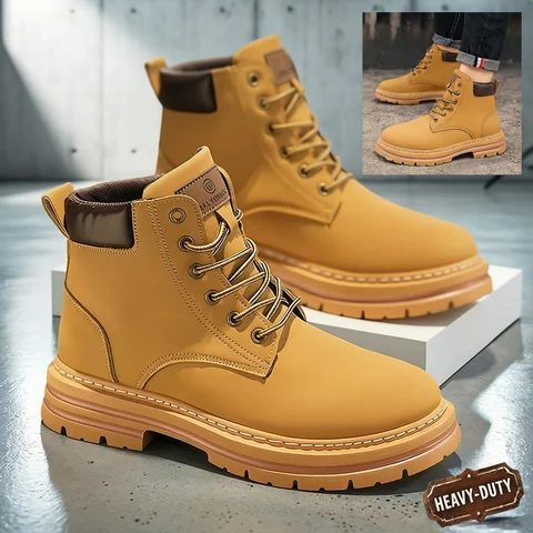 1-Pair MAINALUN Men's & Women's Heavy-Duty All-Terrain High-Top Boots - PU/Fabric Upper, Beige/Tan Lace-Up Ankle/Boot Boots with