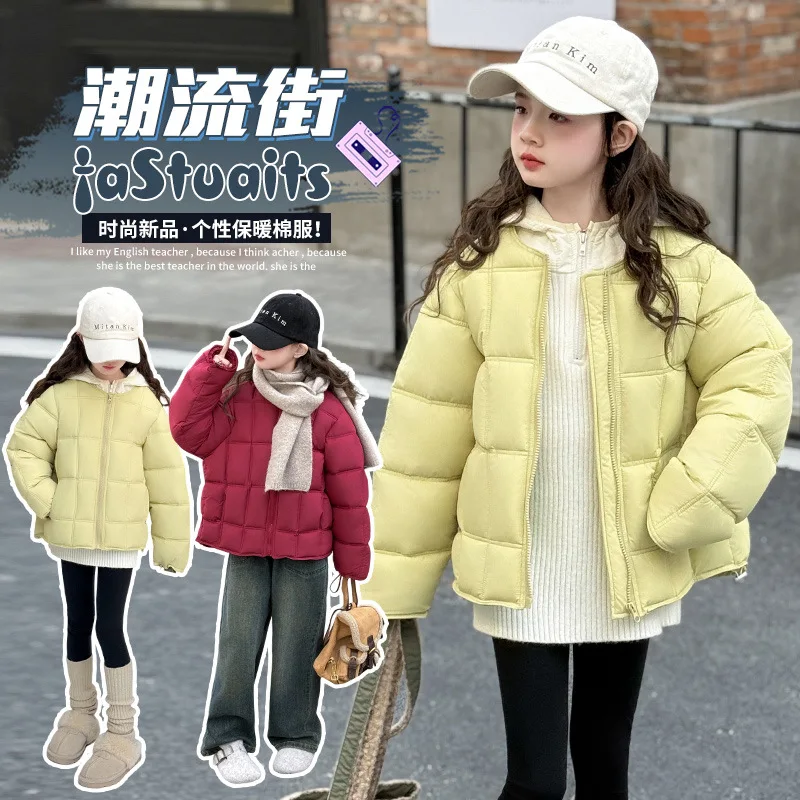 

Girls' Plaid Round-Neck Jacket - Necklin Cotton-Padded Coat - New Arrival for Big Kids Winter 2025