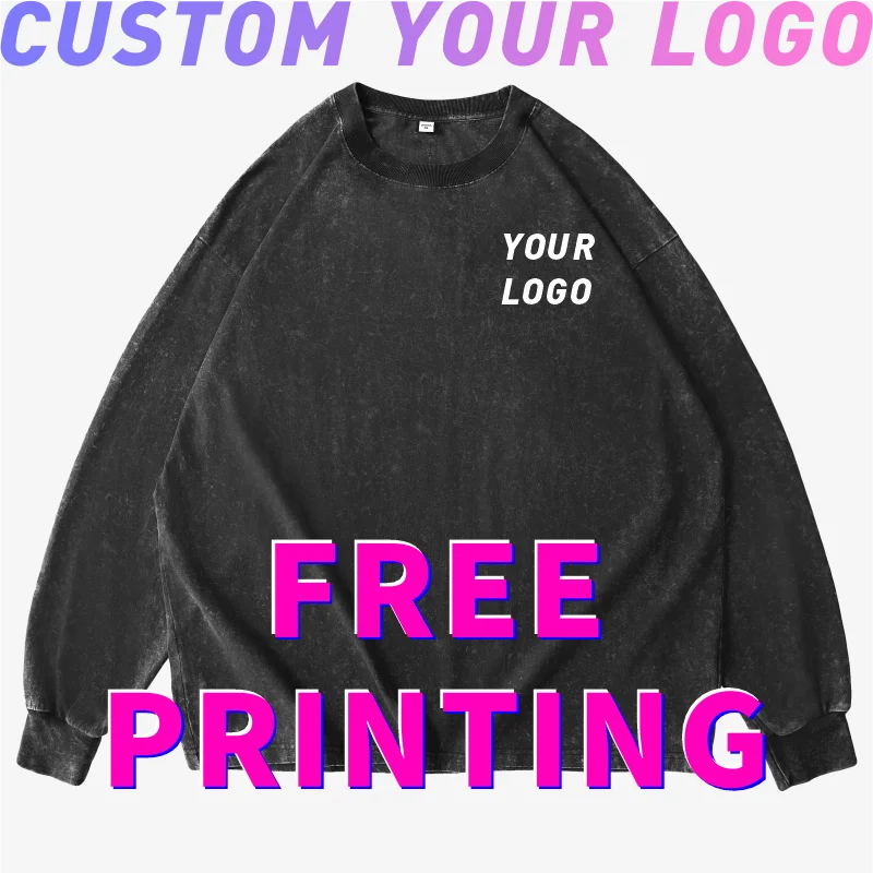 

Custom T-shirt free print logo images vintage washed design Long sleeves clothes cotton cultural shirts men's women's Casual tee