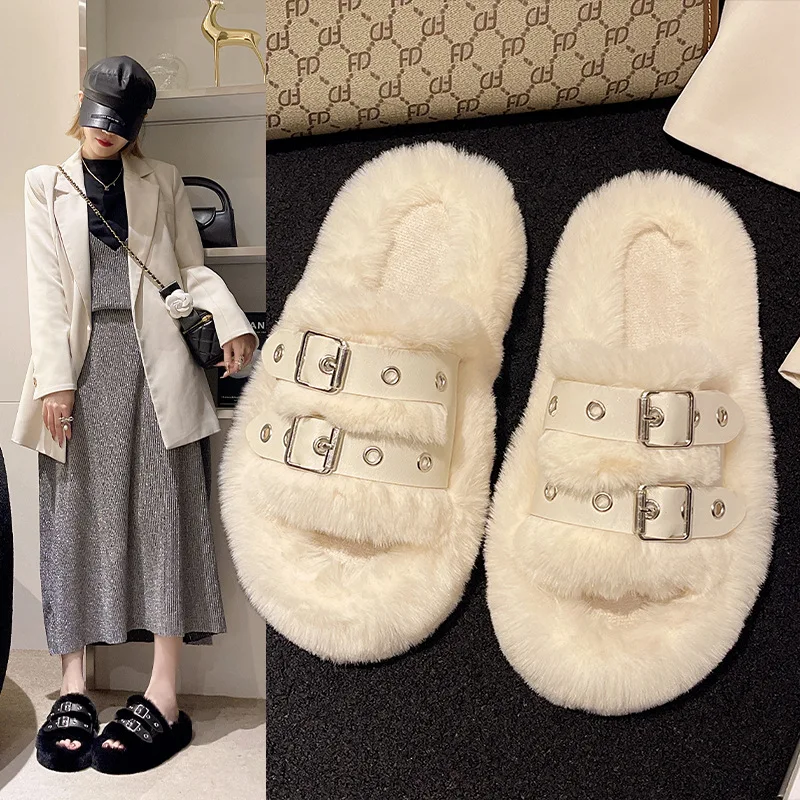 2023 Women Double Belt Buckle Fur Slippers Winter Shoes Fashion Plush Warm Flip Flops Platform Mules Cotton Pumps Femme Boots