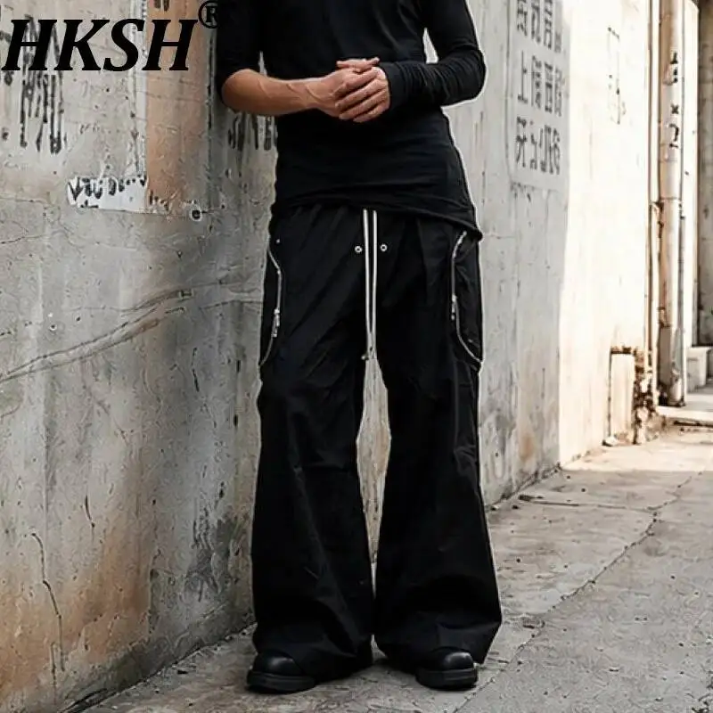 HKSH Spring New Men Tide Dark Punk Chic Ins Cargo Pants Shaped Large Pockets Zippers Wide Leg Sweatpants Vibe Streetwear HK24618